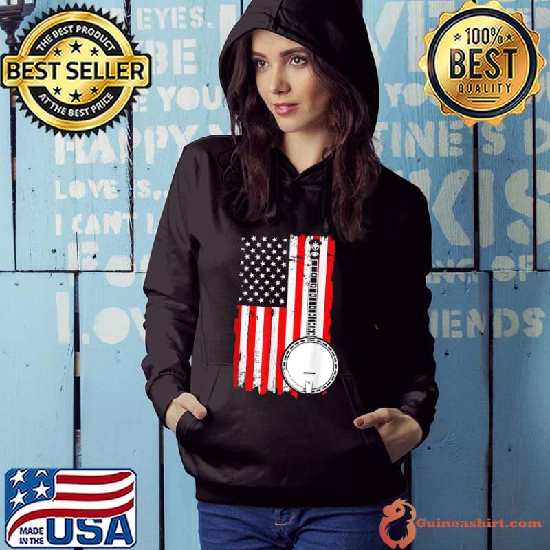 Vintage Banjo Distressed American Flag USA Bluegrass Country T-Shirt Hoodie