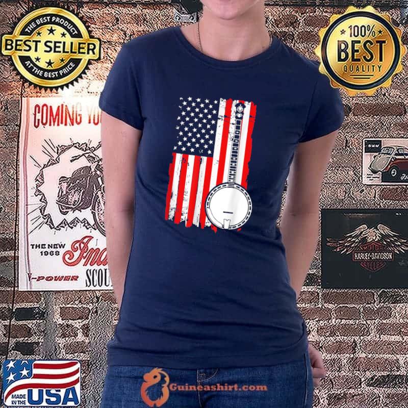 Vintage Banjo Distressed American Flag USA Bluegrass Country T-Shirt Ladiestee