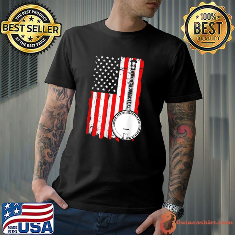 Vintage Banjo Distressed American Flag USA Bluegrass Country T-Shirt