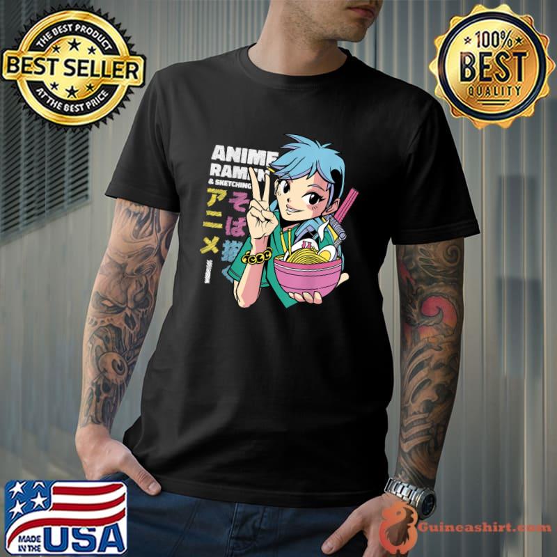 Vintage Retro Anime Girl Ramen And Sketching 90's Aesthetic T-Shirt