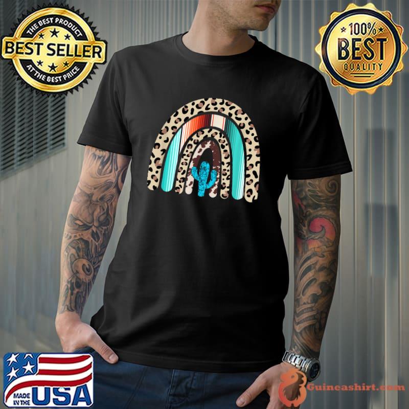 Western Boho Rainbow Turquoise Serape Cowhide Leopard Cactus T-Shirt