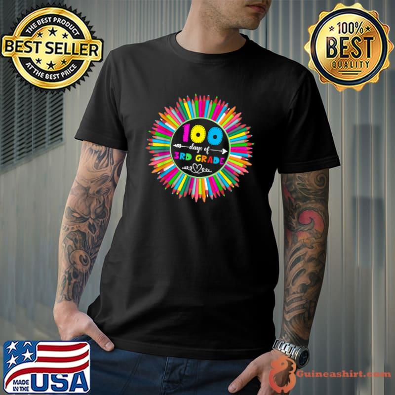 Colorful Crayon 3rd Grade Teacher Student 100 Days Of School T-Shirt