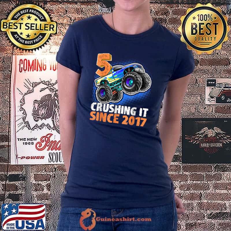 Funny 5 Crushing It Since 2017 Monster Truck 5th Birthday Boys T-Shirt Ladiestee