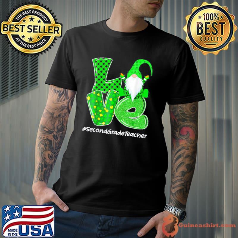 Love Second Grade Gnome St Patrick’s Day Green Plaid Teacher T-Shirt