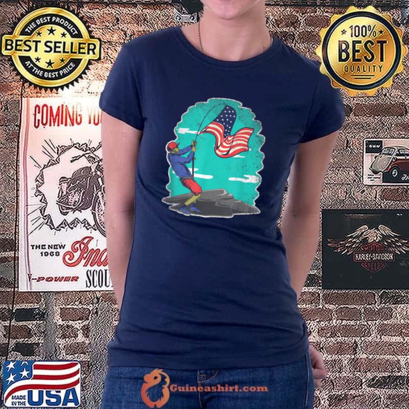 Patriotic Fisherman with American US Flag and Fishing Rod T-Shirt Ladiestee