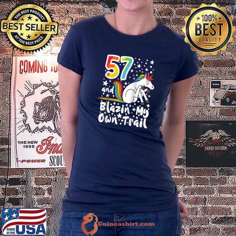 Premium 57 Year Old I Blazing A Trail I Rainbow Unicorn Birthday Raglan Baseball T Shirt Ladiestee
