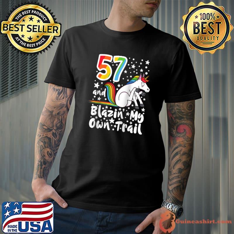 Premium 57 Year Old I Blazing A Trail I Rainbow Unicorn Birthday Raglan Baseball T Shirt