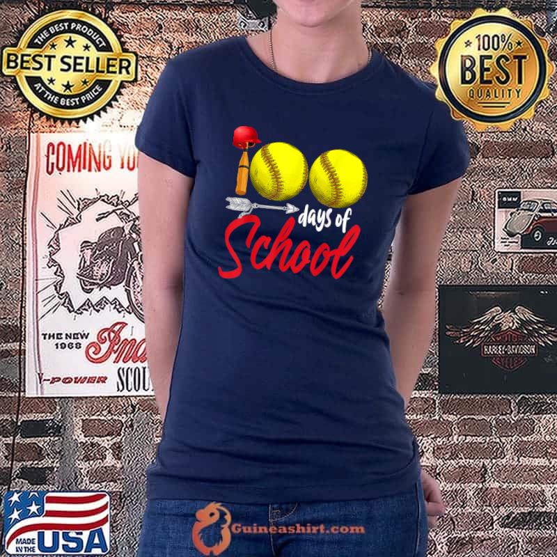 Top 100 Days of School Softball Teacher Kids 100th Day Softball T-Shirt Ladiestee