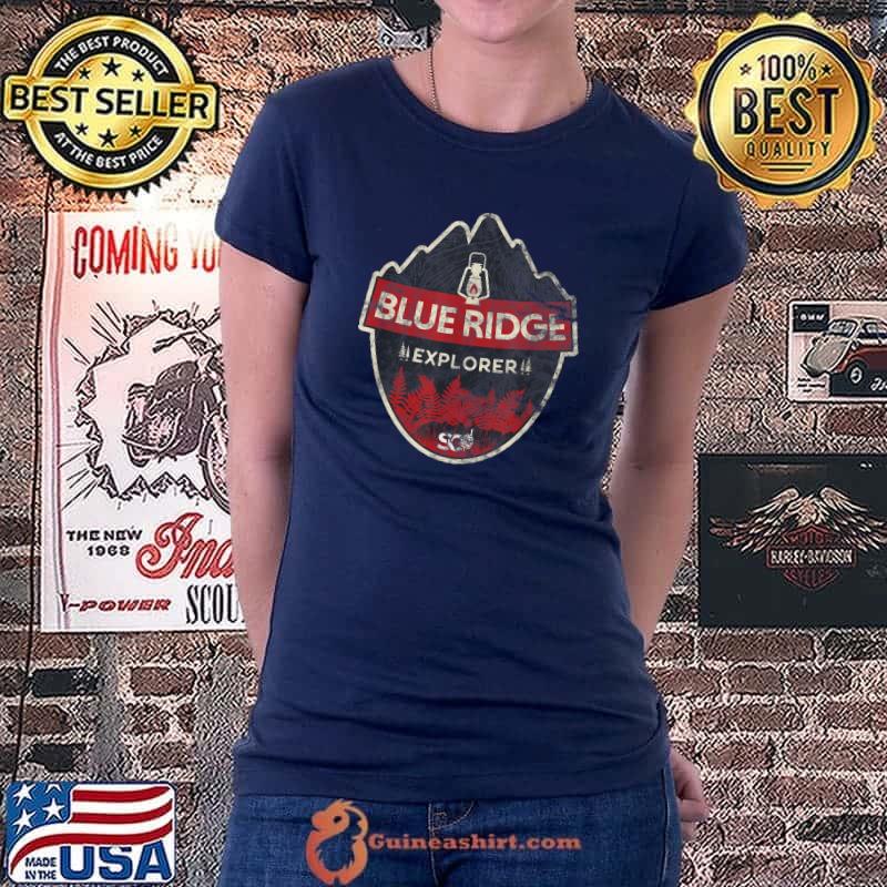 Top Retro Blue Ridge Explorer Badge Design T-Shirt Ladiestee