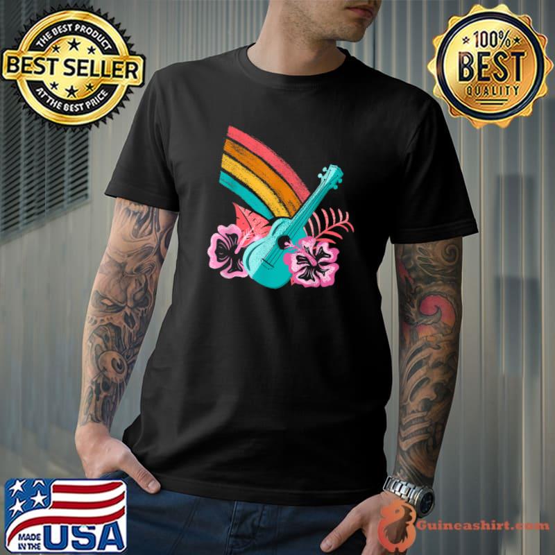 Tropical Ukulele Rainbow Hibiscus Flowers Hawaiian Island Pa T-Shirt
