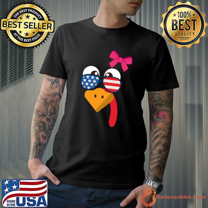 Turkey Face Girl Pink Bow USA Flag Thanksgiving Kids T-Shirt