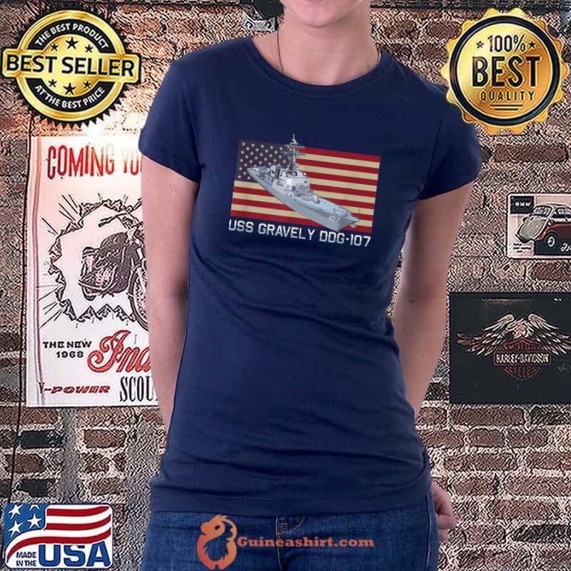 USS Gravely DDG-107 Ship Diagram American Flag T-Shirt Ladiestee