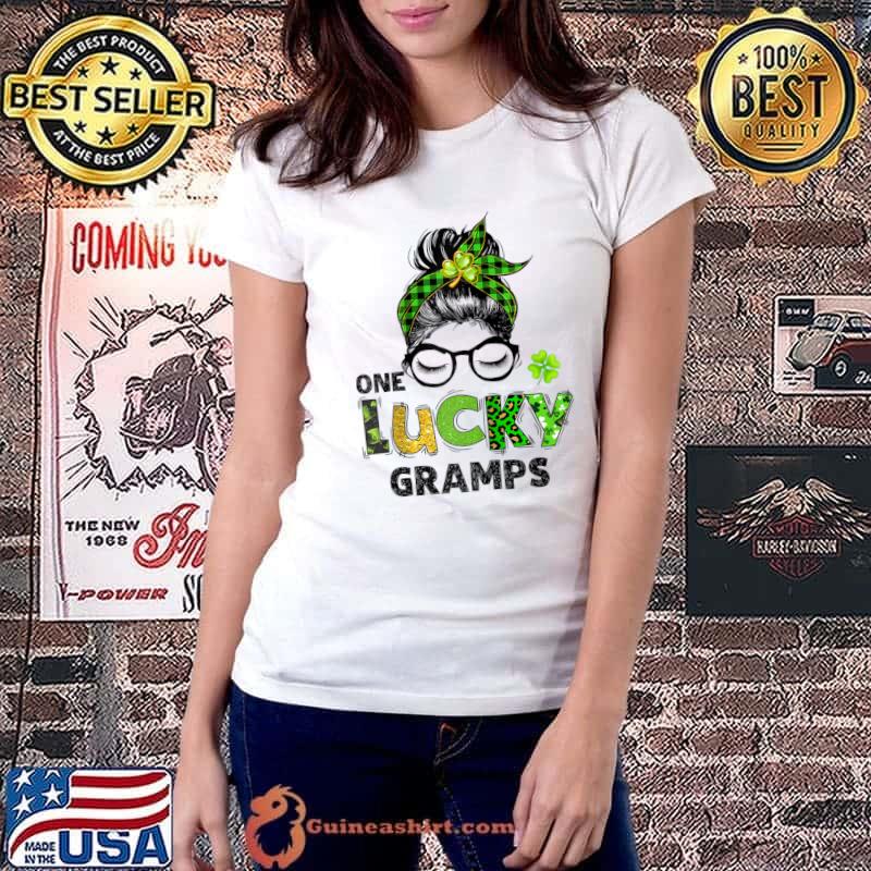 Awesome One Lucky Gramps Messy Bun Leopard St Patrick's Day T- Ladiestee