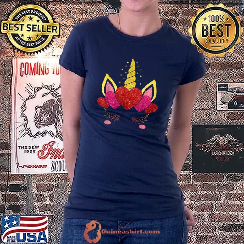 Cute Heart Valentine's Day for Women Girls Kids Unicorn Face T-Shirt Ladiestee