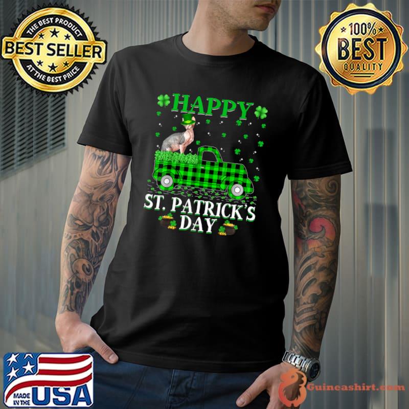 Funny Buffalo Plaid Green Truck Sphynx Cat St. Patrick's Day T-Shirt