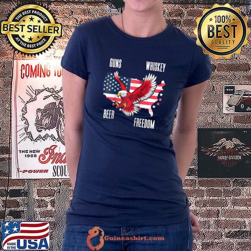 Guns Whiskey Beer Freedom - USA Flag T-Shirt Ladiestee