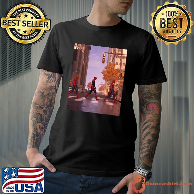 Hero walking together three spidermans shirt