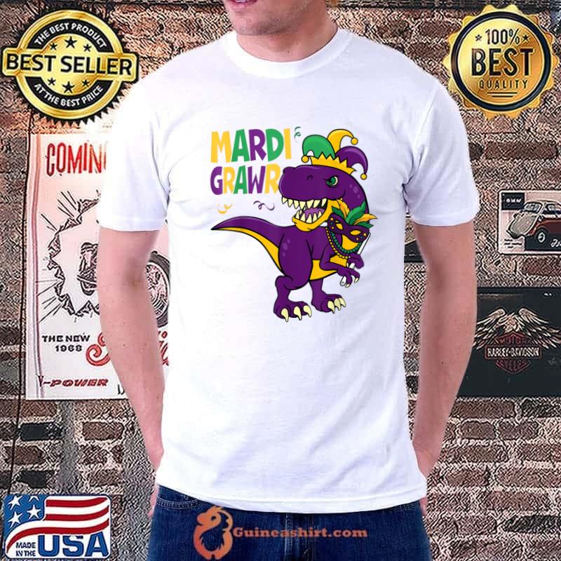 Mardi Grawr T Rex Dinosaur Mardi Gras Bead Kids Boys Girls T-Shirt Unisex