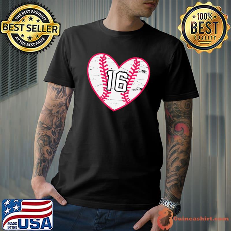 Original Baseball Softball Heart Number 16 Sports Player Fan Jersey T-shirt