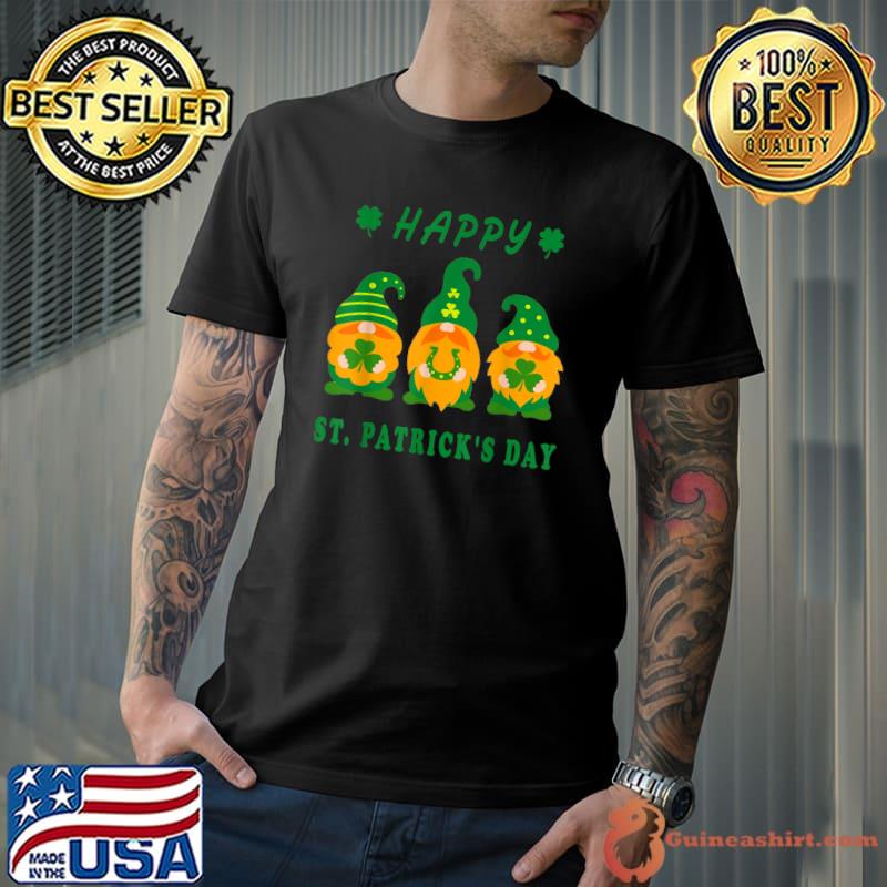 Three Gnomes Holding Shamrock Plaid Leopard St Patrick's Day T-Shirt
