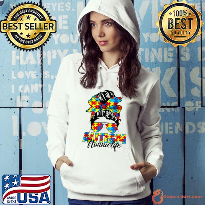 Autism Nonnie Messy Bun Sunglasses Bandana Autism Awareness T-shirt