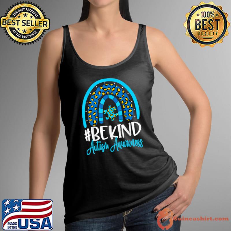Be Kind Autism Awareness Women Girls Leopard Rainbow Print T-Shirt Tank Top