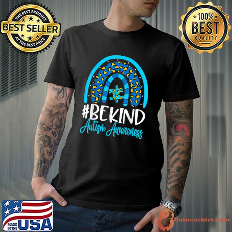 Be Kind Autism Awareness Women Girls Leopard Rainbow Print T-Shirt