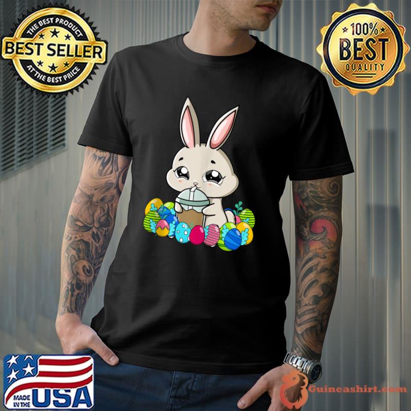Bunny Drinking Boba Easter Day Cute Rabbit Egg Hunt Kids T-shirt