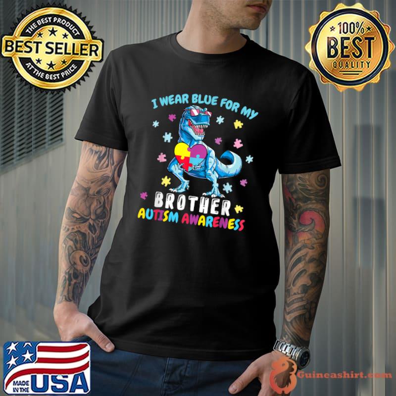 I Wear Blue For My Brother Autism Awareness Dinosaur Puzzle T-Shirt