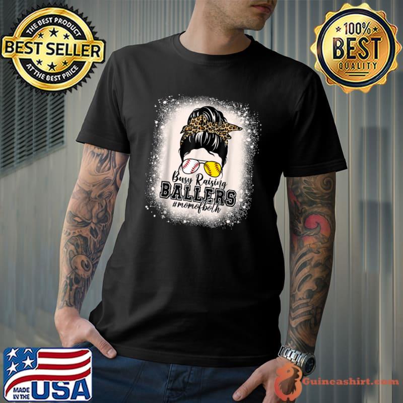 Messy Bun Mom Of Both Baseball Softball Busy Raising T-Shirt