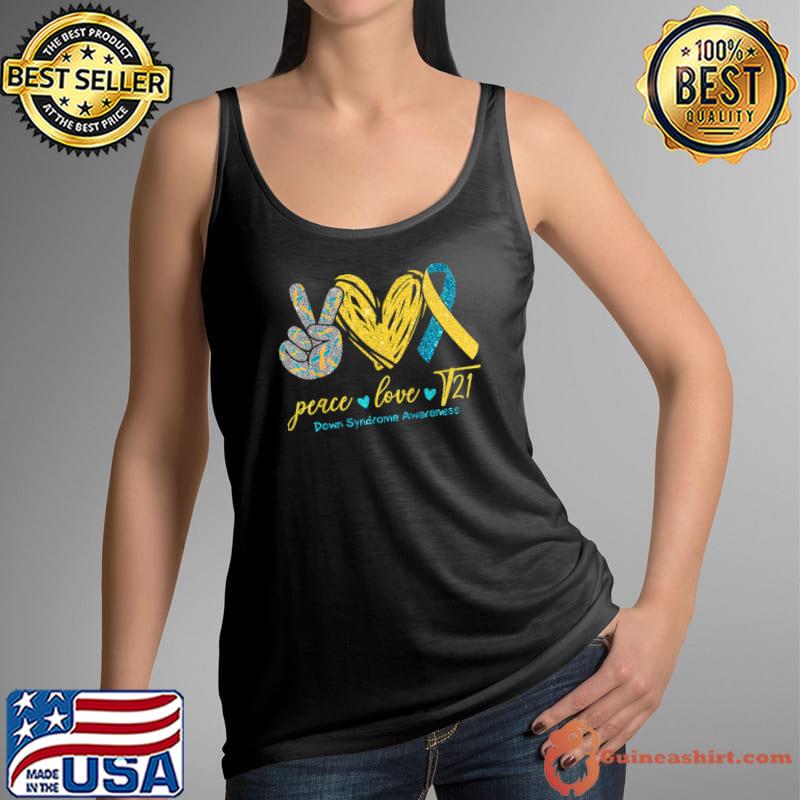 Peace Love T21 Blue Yellow Ribbon Down Syndrome Awareness T-Shirt Tank Top
