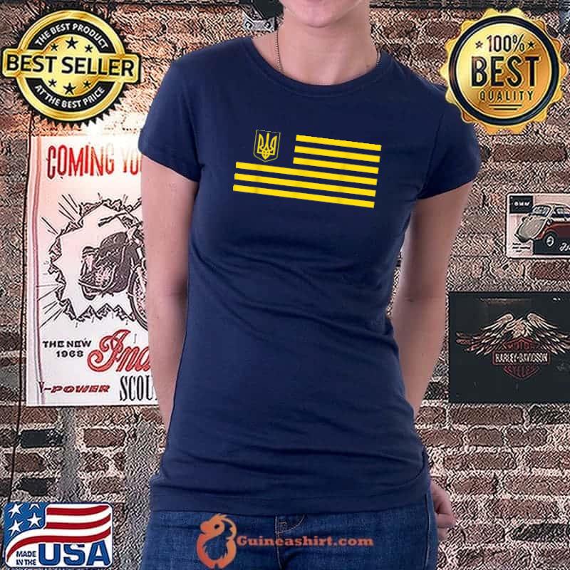Premium USA Ukraine Trident Flag Yellow Blue T-Shirt Ladiestee