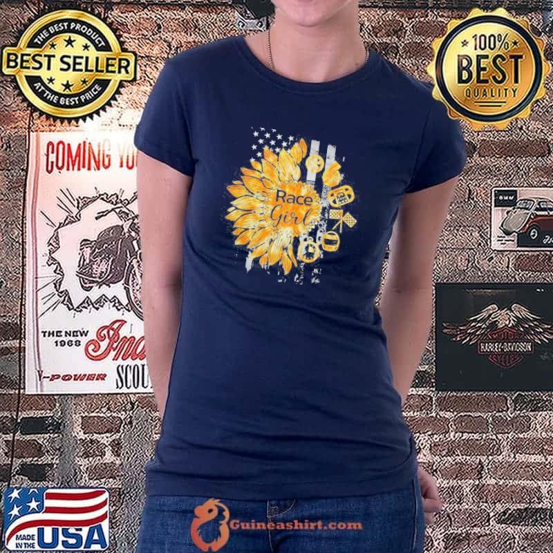 Race girl sunflower American flag shirt