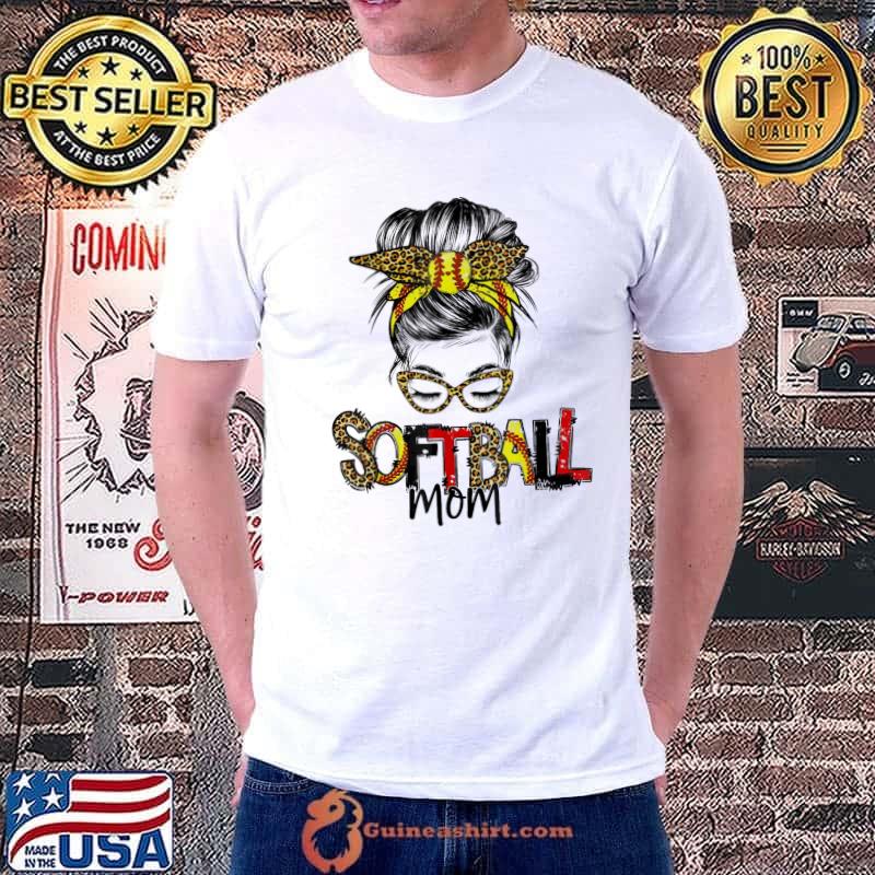 Softball mom life with leopard and messy bun mother's day shirt