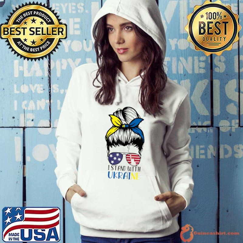 Womens Messy Bun I Stand With Ukraine Ukrainian American Flag T-Shirt