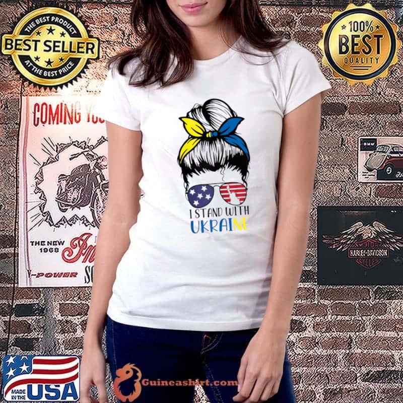 Womens Messy Bun I Stand With Ukraine Ukrainian American Flag T-Shirt Ladiestee