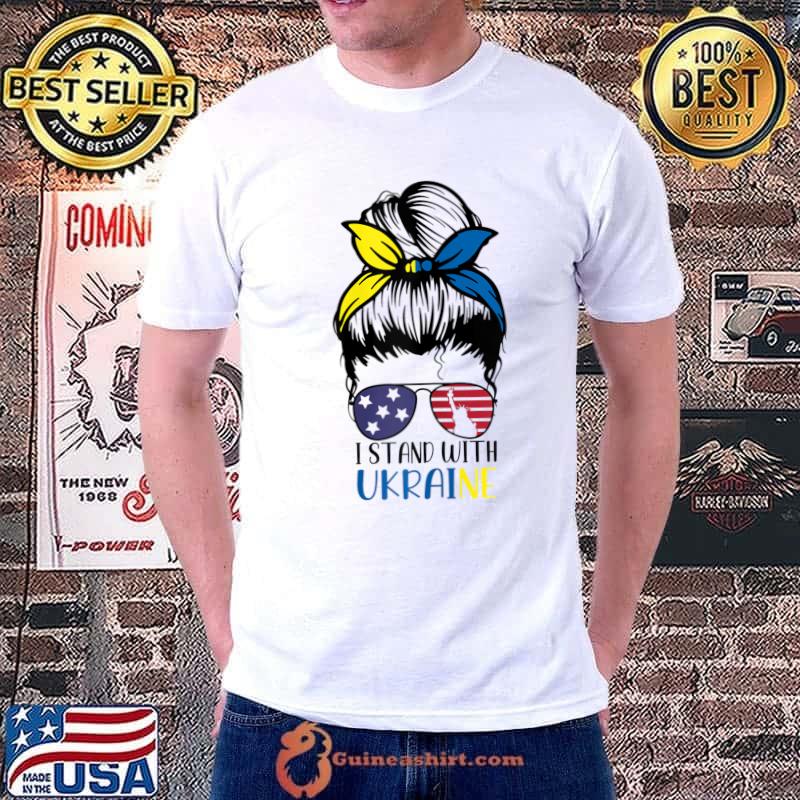 Womens Messy Bun I Stand With Ukraine Ukrainian American Flag T-Shirt Unisex