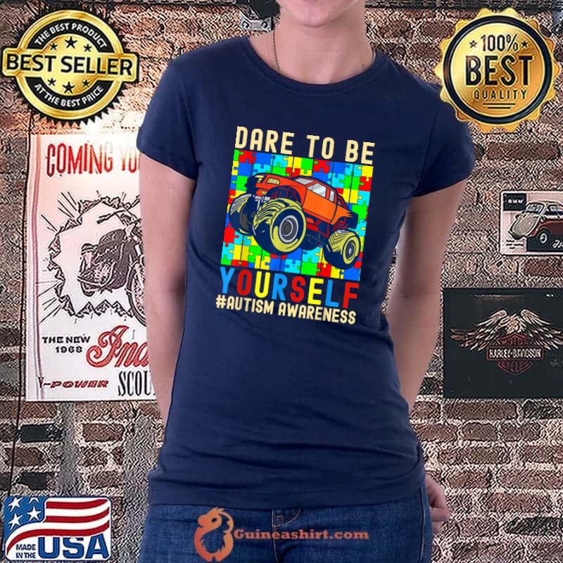 Dare To Be Yourself Autism Awareness Monster Truck Boys Kids T-Shirt Ladiestee