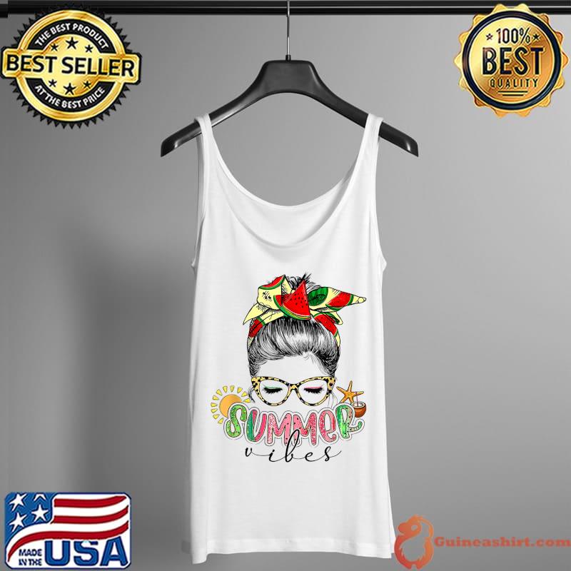 Funny Summer Vibes Leopard Messy Bun Hair Watermelon Day T-Shirt Tank Top