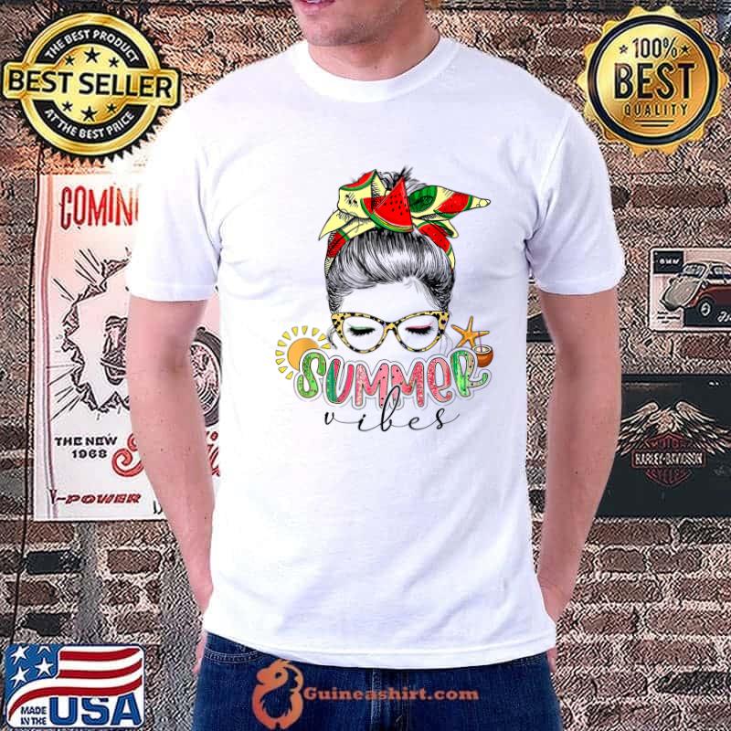 Funny Summer Vibes Leopard Messy Bun Hair Watermelon Day T-Shirt Unisex