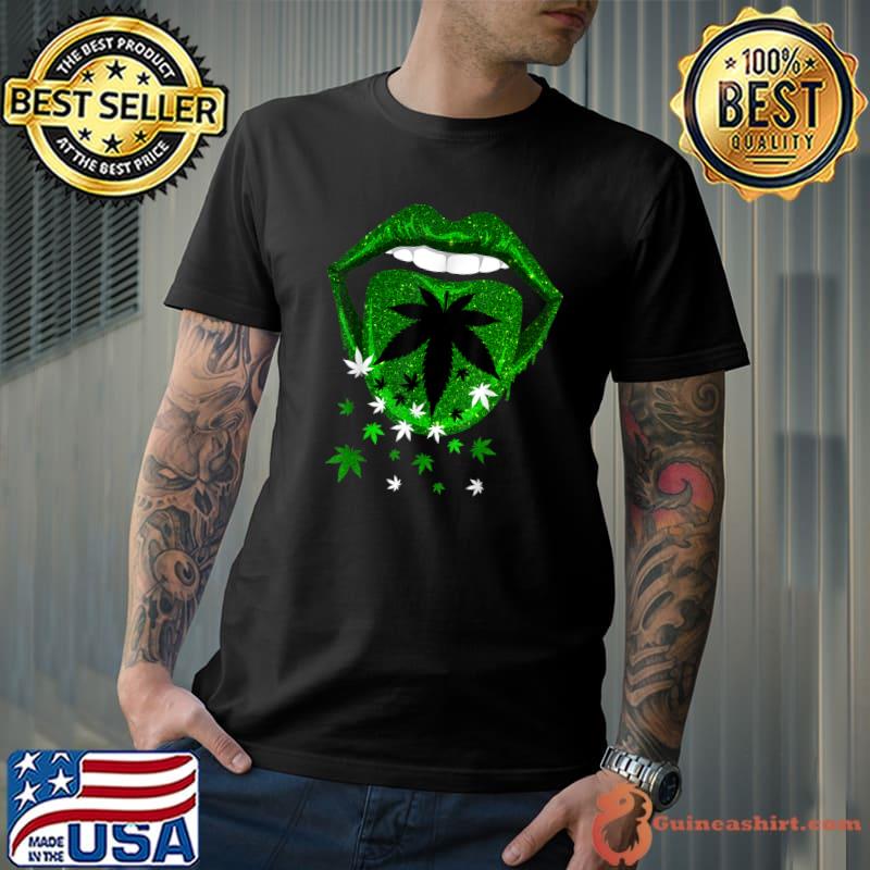 Green Sexy Lips Biting Cool Cannabis Marijuana Weed Pot Leaf T-Shirt