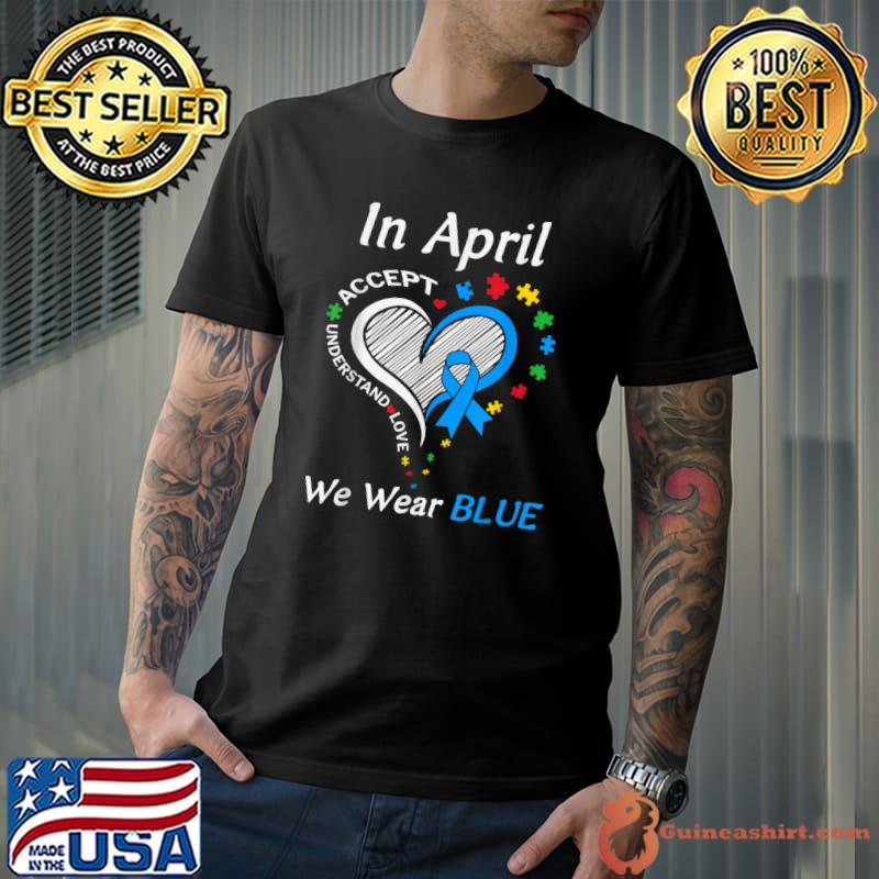 In April We Wear Blue Autism Awareness Month Puzzle Rainbow T-Shirt