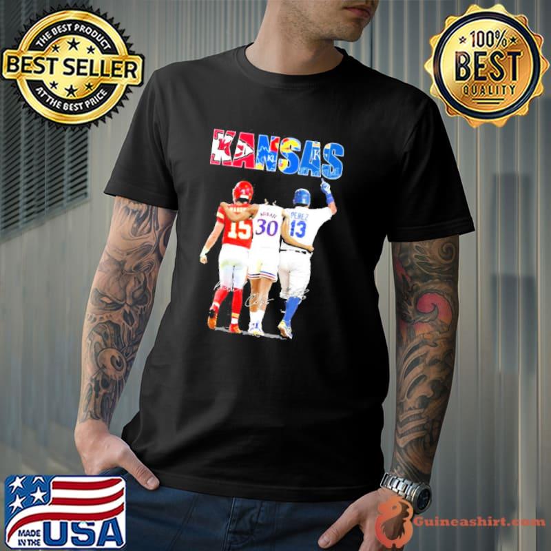Kansas Jayhawks and Kansas City Chiefs Kansas City Royals Mahomes Agbaji Perez signatures shirt