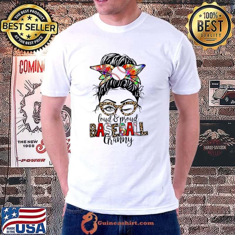 Loud and proud baseball granny messy bun mom leopard bleached shirt