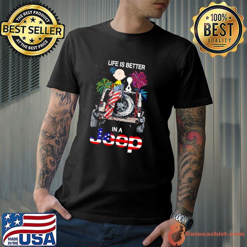 Life is better in a jeep charli brown snoopy america flag shirt