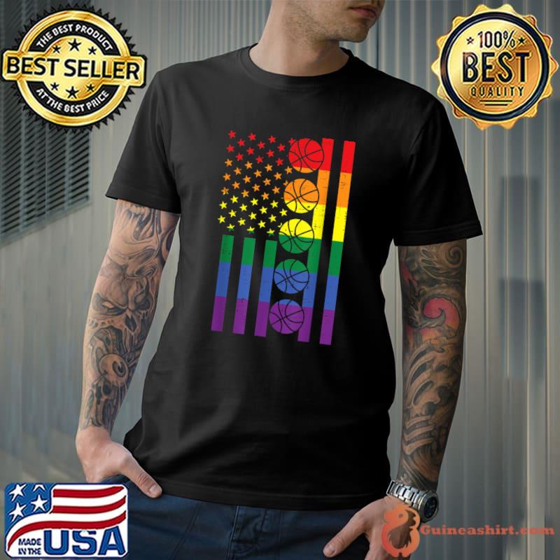 Rainbow US American Flag Basketball Gay Pride LGBTQ Sports T-Shirt