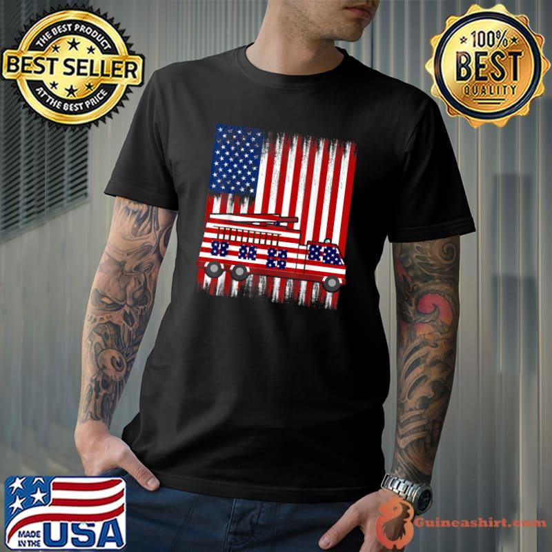 Vintage Firetruck American Flag Firetruck Lover 4th Of July T-Shirt