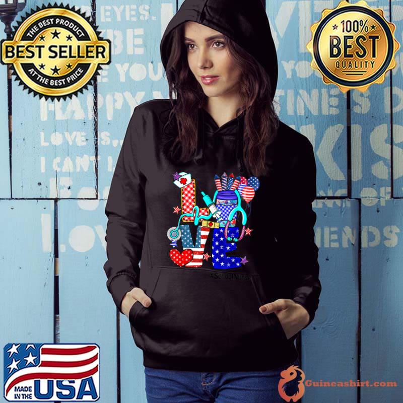 LOVE School Nurse Stethoscope Fireworks USA Flag 4th Of July T-Shirt