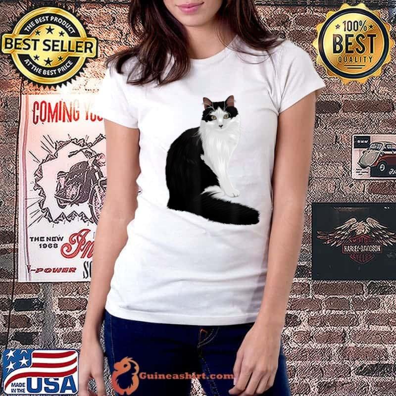 Australian Long-Haired Black & White Cat T-Shirt Ladiestee