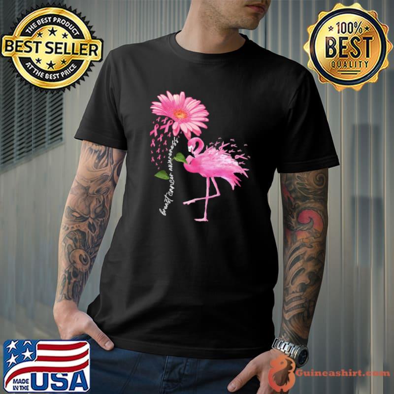 Flower Pink Ribbon Flamingon Breast Cancer Awareness T-Shirt